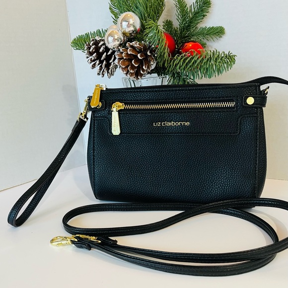 LIZ CLAIBORNE Wristlet “AUBREY” Bag Black w Gold Trim - Picture 3 of 11